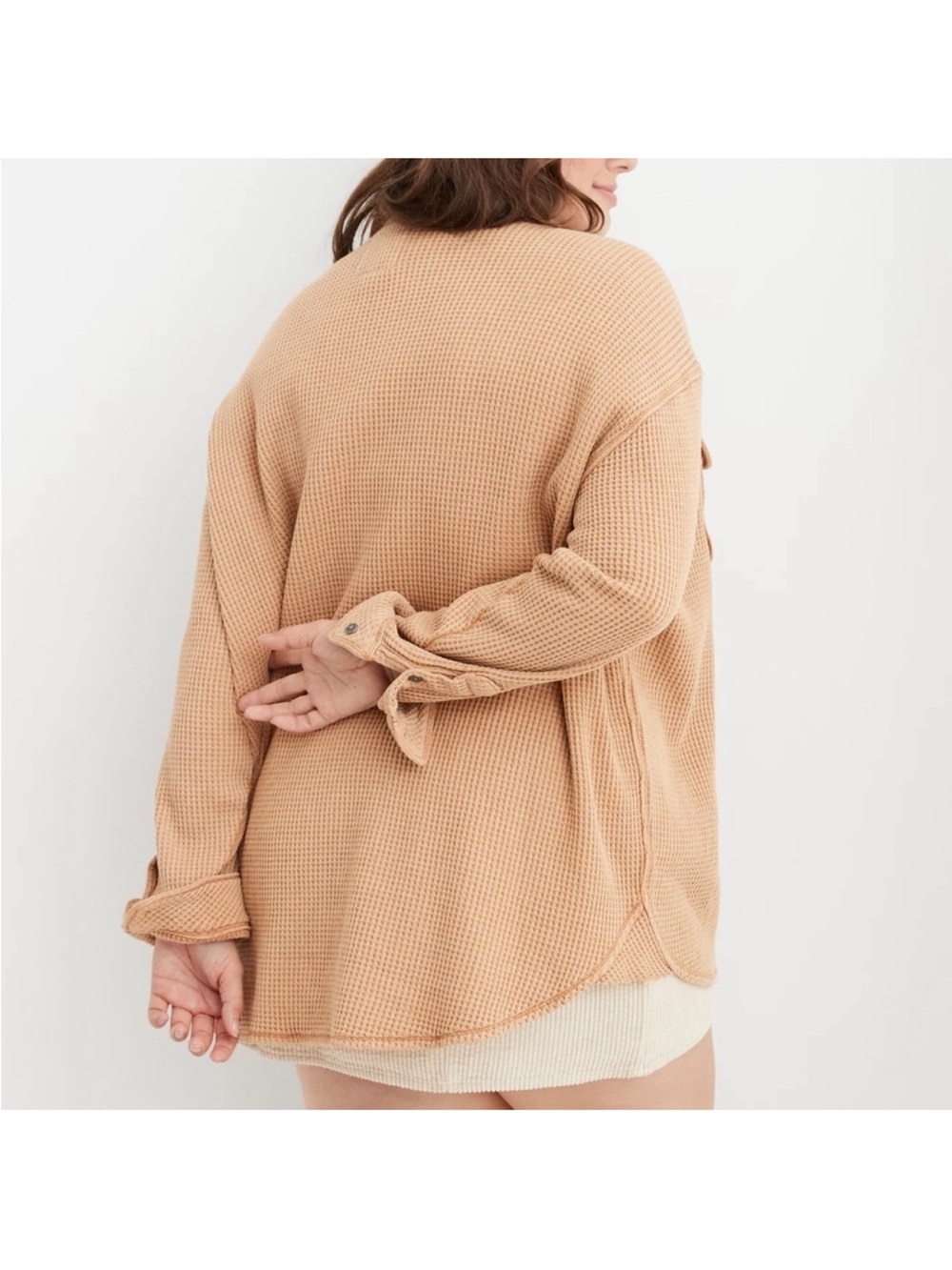 Aerie LumberJane Waffle Knit Shacket XXL Cozy Button Shirt Tan - Picture 2 of 6